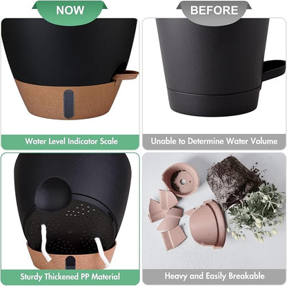 montresor 5-Pack Easy Plant Self Watering Pots for Indoor Plants, 10/9/8/7/6.5Inch PP Plastic Wicking Pots with Water Level Indicator & Plant Pots with Reservoir, Self Watering Planters, Black
