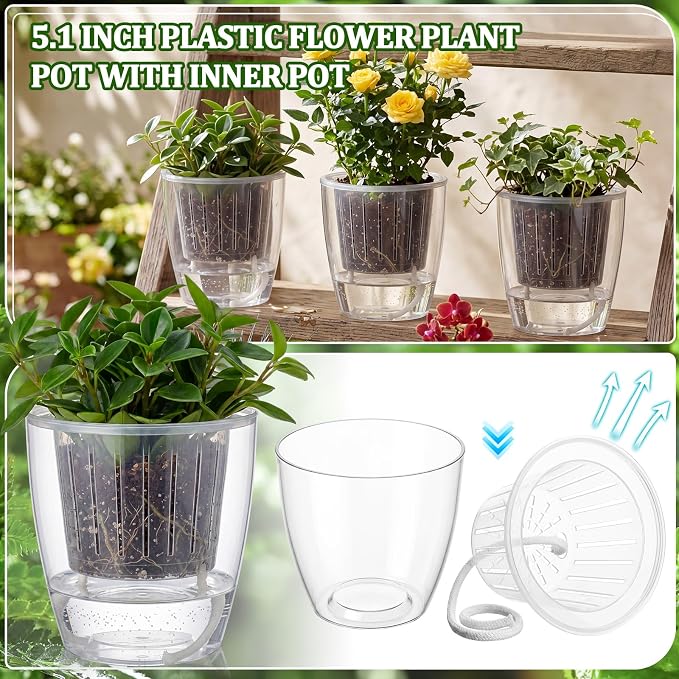 24 Pcs Self Watering Pots, 5.1 Inch Plastic Plant Pot with Inner Pot Self Watering Wick Planter Pots for Indoor House Plants, Flowers, Succulents (Transparent)