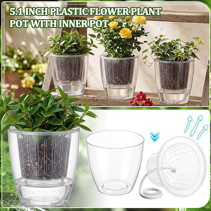 24 Pcs Self Watering Pots, 5.1 Inch Plastic Plant Pot with Inner Pot Self Watering Wick Planter Pots for Indoor House Plants, Flowers, Succulents (Transparent)