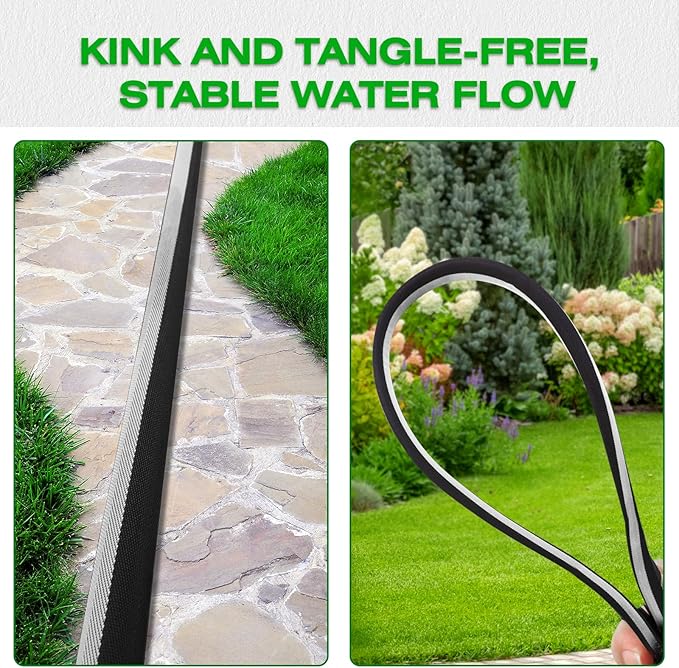 25ft Lightweight Garden Hose, Ultra Flexible Fabric Water Hose, Non-Expanding & Kink-Free with Leak-Proof Aluminum Fittings, Heavy Duty Hose for Yard, Car Wash & RV, Black-Gray
