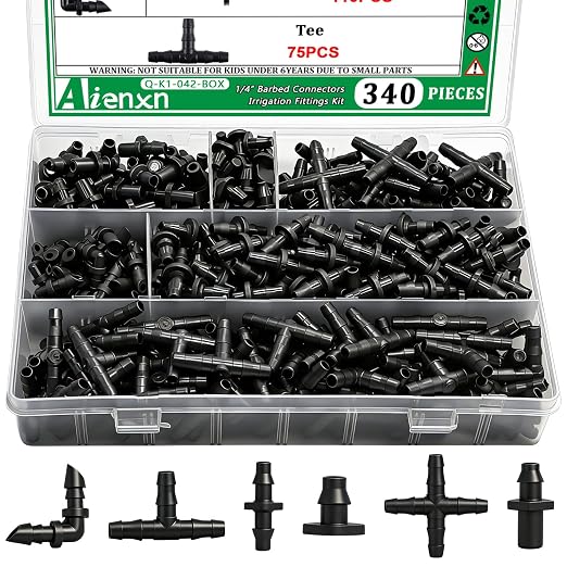 340PCS 1/4" Drip Irrigation Kit Barbed Connectors, Straight Barb, Tee, Single Barb, End Plug, Elbow, 4 Way Coupling Irrigation Fittings for Garden Lawn Flower Pot