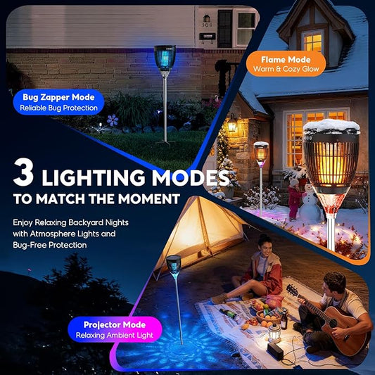 Solar Bug Zapper Outdoor, Mosquito Zapper with Flame Light, RGB Projector | 4200V Electric Grid, Solar & USB Charging, Smart Auto Mode, IP65 Waterproof Mosquito Zapper for Patios Gardens Camping Yards