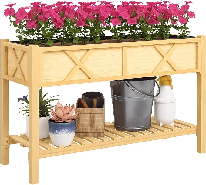 Outsunny Raised Garden Bed, Elevated Wood Planter Box with Storage Shelf, Drainage Holes, and Liner for Backyard, Patio, Balcony, 47 x 22 x 31.5 in, Natural