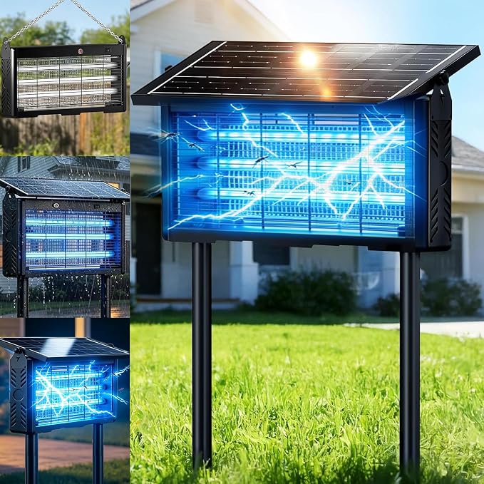 Solar Bug Zapper Outdoor Cordless, 9600mAh Battery | 365-395nm UV Light, IPX5 Waterproof, Dusk-to-Dawn Sensor, 1 Acre Coverage, Black, for Outdoor Indoor Use (20inch)