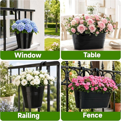 KINGLAKE Flower Pots,10 Pcs Metal Iron Hanging Flower Plant Pot Balcony Garden Plant Planter Baskets Fence Bucket Pots 10.6" & 5.1" Flower Holders with Detachable Hook Black