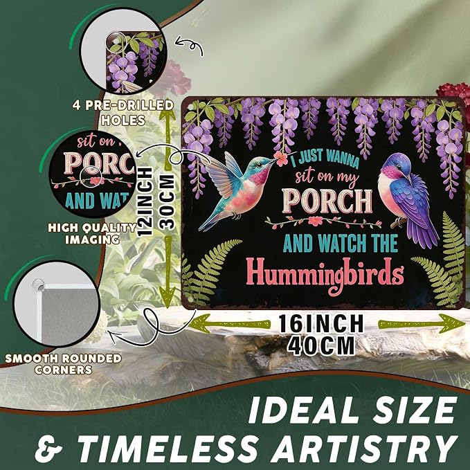PEACHGARDEN Garden Wall Art Decor Hummingbirds Metal Sign I Just Wanna Sit On My Porch And Watch The Hummingbirds Wall Decor for Garden Yard Patio Porch 12x16 inch