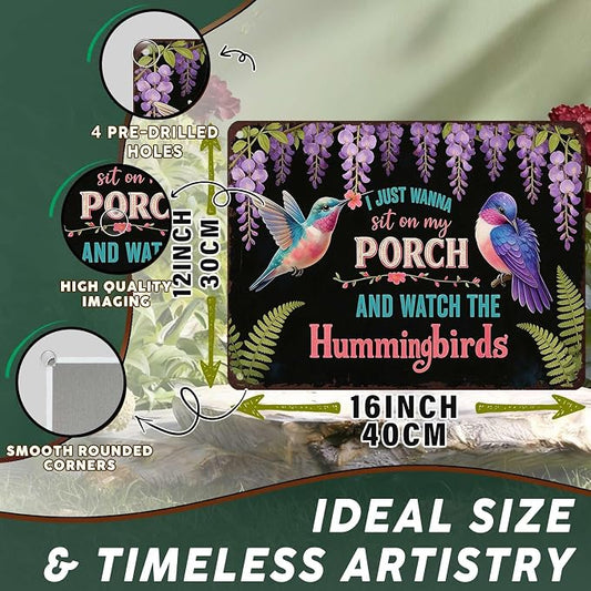 PEACHGARDEN Garden Wall Art Decor Hummingbirds Metal Sign I Just Wanna Sit On My Porch And Watch The Hummingbirds Wall Decor for Garden Yard Patio Porch 12x16 inch