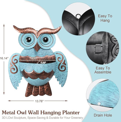 Owl Metal Wall Mount Planter, Hanging Succulent Flower Pot with Drainage | Farmhouse owl metal wall hanging pot garden succulent decorative planters, indoor outdoor hanging wall container