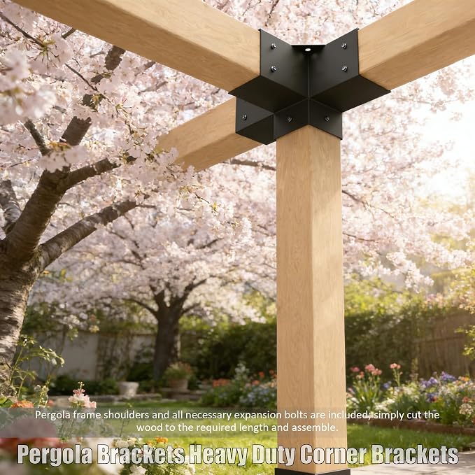 2pc 4-Way Pergola Bracket Kit, Pergola Kits to Build Yourself | 4x4 Corner Brackets for Wood for Wood Beams, Corner Brackets for Do It Yourself Pergola Kits Outdoor Gazebo Patio Log Cabin