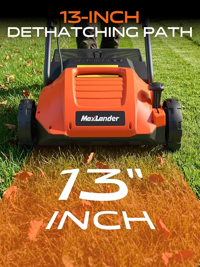 MAXLANDER 13 Inch Electric Dethatcher and Scarifier, 12 Amp Lawn Dethatcher with 4-Position Depth Adjustment, 30L Thatch Bag, 2-in-1 Walk Behind for Lawn Garden Care Removing Thatch