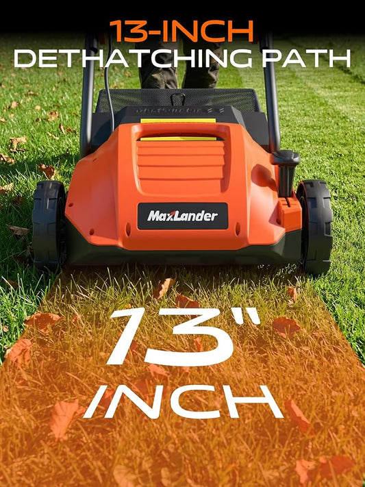 MAXLANDER 13 Inch Electric Dethatcher and Scarifier, 12 Amp Lawn Dethatcher with 4-Position Depth Adjustment, 30L Thatch Bag, 2-in-1 Walk Behind for Lawn Garden Care Removing Thatch