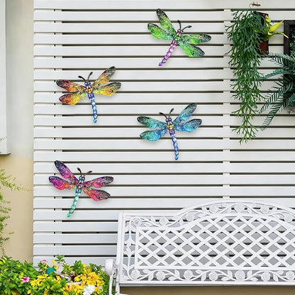 SUNREEK Metal Dragonfly Wall Decor - 9.6" Outdoor Fence Wall Art, Hanging Decorations for Garden Yard Patio Room Decorations, 4 Pack (Color-3)