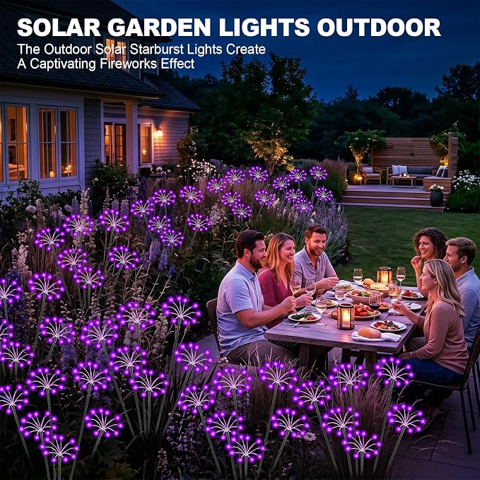 Solar Garden Lights Outdoor, 2 Pack New Upgraded Solar Swaying Starburst Light, Waterproof Fireworks Solar Lights, Yard Patio Pathway Decoration, Purple