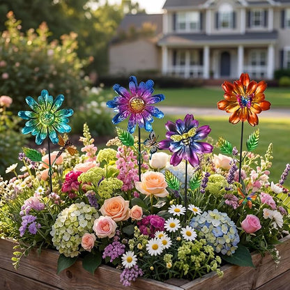 Calenzana Metal Flower Garden Stakes for Outside Set of 4, Flower Garden Decor with Shaking Head for Yard Porch Lawn Pathway, Multi-Color