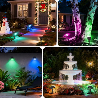 Solar Color Changing Spot Lights Outdoor, 8 Pack Solar Landscape Lights with 32 LEDs Each, 7 Lighting Modes, IP65 Waterproof, 2-in-1 Adjustable Solar Spotlights for Yard Garden Pathway Driveway