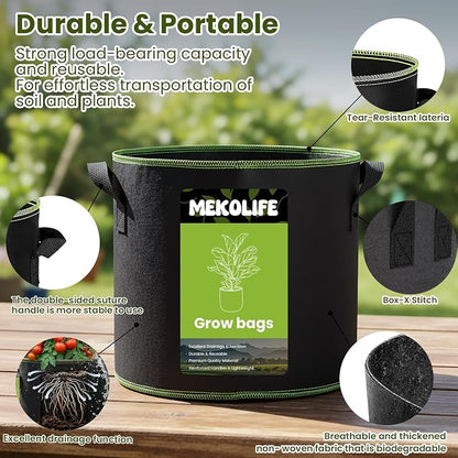 MEKOLIFE Fabric Grow Bags（5 Gallon 6Pack）, Thickened Aeration Planter Bags with Handles Plant Tags Seedling Bags for Outdoor Indoor Vegetable Garden, Black