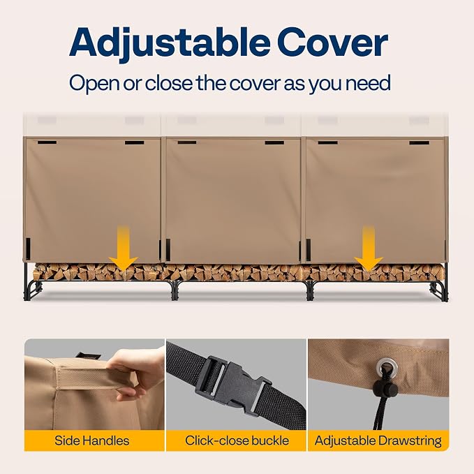 VIVOHOME 12ft Firewood Log Rack Cover, Heavy Duty 600D Oxford, Double Layer Outdoor Weather Resistant Fire Wood Storage Holder Cover with Zipper and Hook Loop Tape, Brown