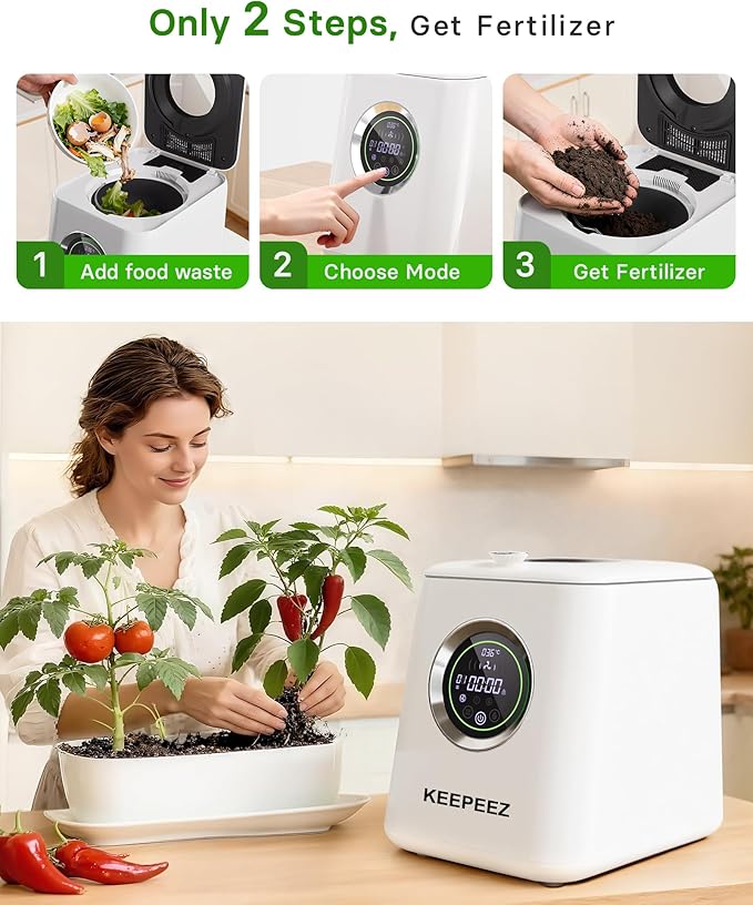 1 Gallon Electric Kitchen Composter, Smart Mill Food Recycler with Large Touch Screen, Compost Bin Indoor with 4 Sharktooth Blades, 0.5kWh Per Cycle Energy-efficient, Odorless, Low Noise,Auto-Cleaning