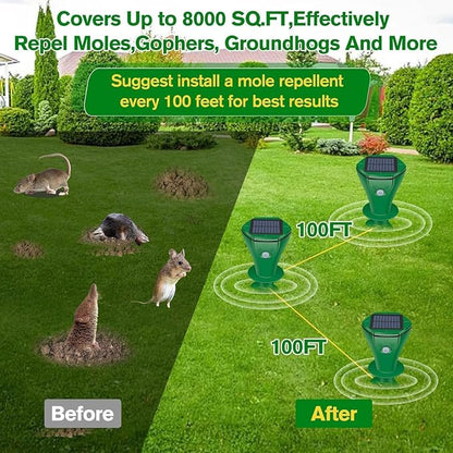 Ultrasonic Mole Repellent Outdoor, Gopher Repeller Solar Powered for Lawn Garden Yard, Mole and Vole Repellent Waterproof, Effectively Repels Gophers Snake Chipmunks Groundhogs-4 Pack-Green