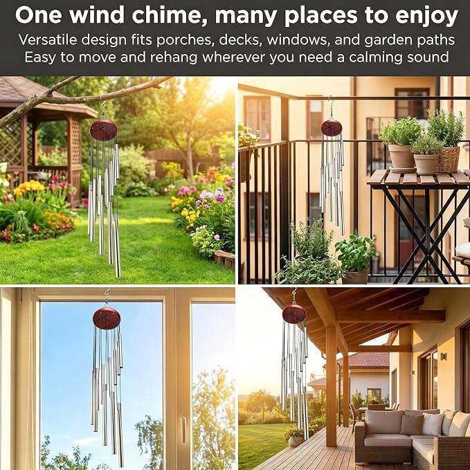 Outdoor Wind Chimes for Outside with 12 Aluminum Tubes for Garden Patio Balcony and Home Decor (Silver)