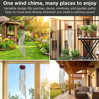 Outdoor Wind Chimes for Outside with 12 Aluminum Tubes for Garden Patio Balcony and Home Decor (Silver)