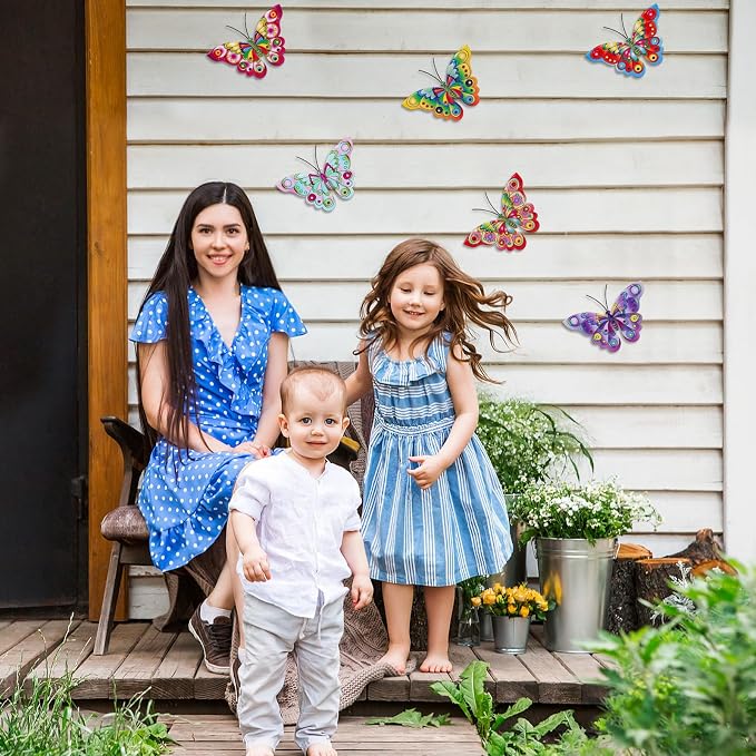 YOADEHOA 6Pcs Metal Butterfly Wall Decor, 3D Colorful Outdoor Fence Wall Art Decor, Hanging Wall Art Decoration for Garden Yard Living Room Bedroom Patio Balcon(Butterfly A)