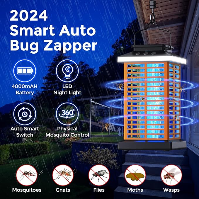 Bug Zapper Outdoor, Mosquito Zapper 2 in 1 Portable & Rechargeable Bug Zapper Outdoor with 5000mAh Battery & LED Night Light, 4000V Electric Fly Zapper for Outside,Patio,Backyard,Garden Yellow