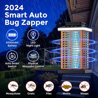 Bug Zapper Outdoor, Mosquito Zapper 2 in 1 Portable & Rechargeable Bug Zapper Outdoor with 5000mAh Battery & LED Night Light, 4000V Electric Fly Zapper for Outside,Patio,Backyard,Garden Yellow