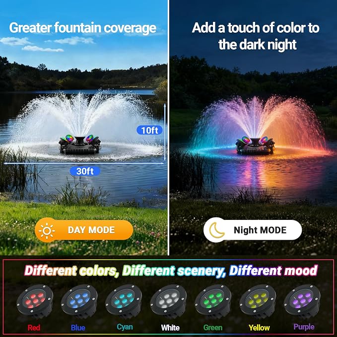 Pond Fountain Aerator with Lights, Large Fountain for Pond Lake Fish Farm | 750W 15000GPH 1HP 110V Fountain, Dynamic 4 RGB Lights, 10 Light Modes, Fully Automatic Stainless Steel Fountain, 100Ft Cord