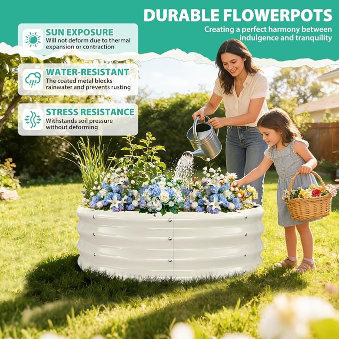 12 Inch Tall 36 Inch Diameter Round White Raised Garden Bed Kits Outdoor | 1 FT Tall,3 FT Planter Bed for Flowers,Herbs,Vegetables,Trees,0.8MM Thick Galvanized Metal Painted,with Gloves,Tool free