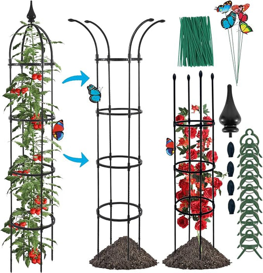 WellSign Garden Obelisk Trellis for Climbing Plants Outdoor, 6.6ft Tall Rustproof Coated Metal Plant Support with Garden Twist Tie for Tomato Cucumber Ivy Vines Rose Potted Plant Trellis 1 Pack