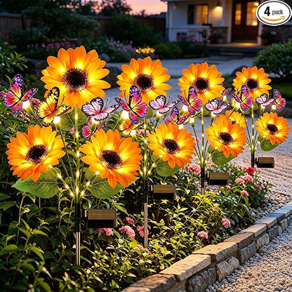 Solar Lights Outdoor Decorative, Upgraded 4 Pack Flowers with 16 Butterflies, Brighter Waterproof Garden Decor for Yard Lawn Pathway, Mom Women Grandma Gift