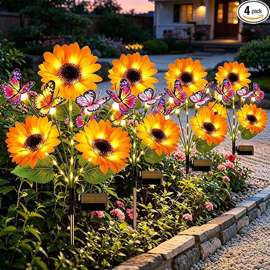 Solar Lights Outdoor Decorative, Upgraded 4 Pack Flowers with 16 Butterflies, Brighter Waterproof Garden Decor for Yard Lawn Pathway, Mom Women Grandma Gift
