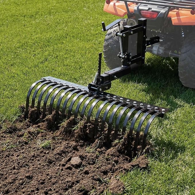 VEVOR 42 in Tow Behind Landscape Rake, 3-Point Lawn Rock Rake with Blade & Lift Lever, Fit Category 1 ATVs UTVs Lawn Tractors, Heavy Duty Dethatcher Rake for Debris Leaves Thatch