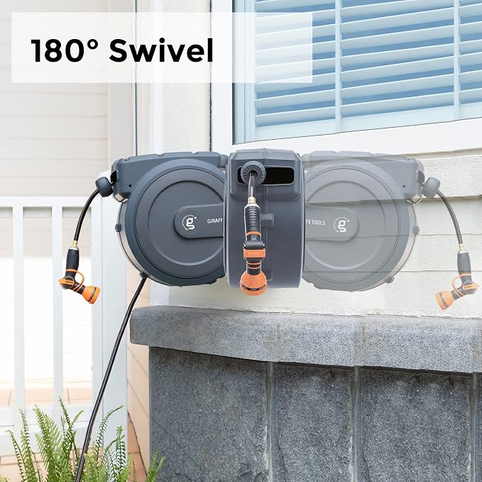 Giraffe Tools Retractable Hose Reel 1/2 in x130 FT PRO Metal Bracket Wall Mounted Heavy Duty Hose Reel with 7 Pattern Nozzle 180 Deg Swivel, Metal Bracket Any Length Lock (1/2 130FT PRO, Dark Grey)