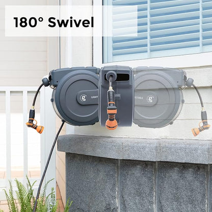Giraffe Tools Retractable Hose Reel 1/2 in x130 FT PRO Metal Bracket Wall Mounted Heavy Duty Hose Reel with 7 Pattern Nozzle 180 Deg Swivel, Metal Bracket Any Length Lock (1/2 130FT PRO, Dark Grey)