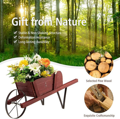 Wooden Wagon Planter, 27.5"x10.5"x11.5" Wheelbarrow Cart Plant Pot with Halloween Decoration & Metal Supports, Single Wheel Movable Garden Flower Cart Planter for Yard, Backyard (Red)