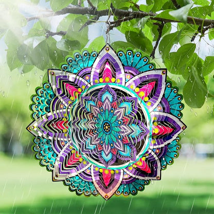 Goolyrusim Wind Spinner Mandala Jasmine, 12Inch Laser Cut Stainless Steel Wind Spinners, 3D Hanging Wind Sculptures for Yard and Garden Decoration Outdoor Decor Ornament, Mandala Gifts for Women Men