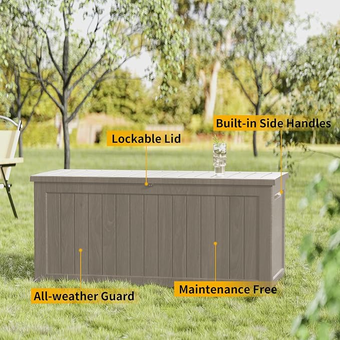 270 Gallon Outdoor Storage Box Waterproof, Lockable Resin Deck Box Large Storage Bin for Patio Furniture Cushion, Garden Tools, Pool Accessories, UV-Resistant Outside Delivery, Gray