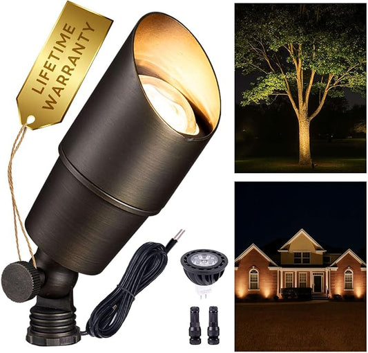 Gardenreet Landscape Spotlights Low Voltage - Brass Outdoor Uplight LED 12V, Wired Spot Lights IP65 Waterproof, Antique Bronze for Exterior Garden Yard Tree House with 5W 2700K Warm White MR16 Bulb