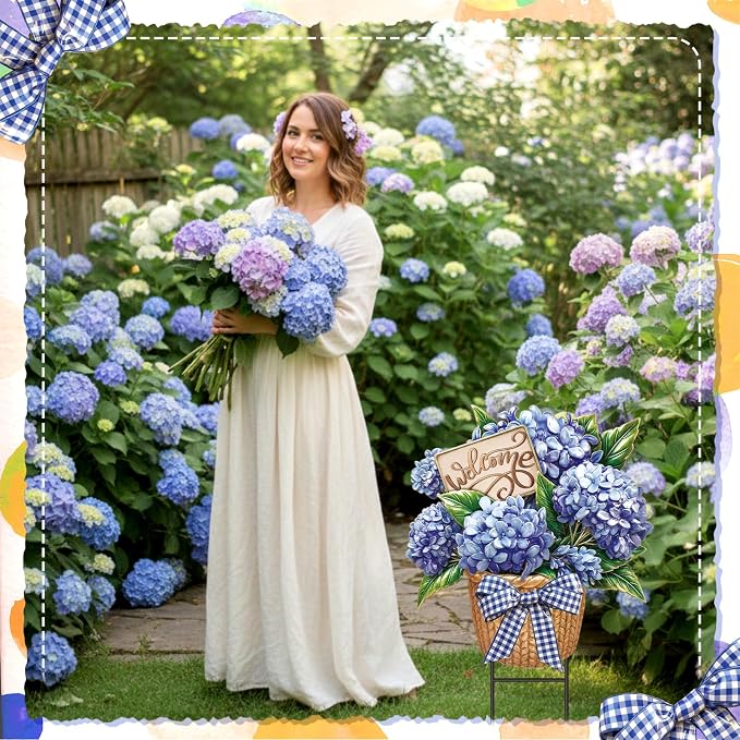 Amyhill Summer Outdoor Decor Hydrangea Metal Garden Stakes 25 Inch Decorative Hydrangea Yard Signs with Stakes Waterproof Floral Lawn Sign Welcome Outdoor Decorations for Patio Porch Lawn Backyard