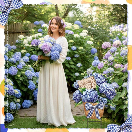 Amyhill Summer Outdoor Decor Hydrangea Metal Garden Stakes 25 Inch Decorative Hydrangea Yard Signs with Stakes Waterproof Floral Lawn Sign Welcome Outdoor Decorations for Patio Porch Lawn Backyard