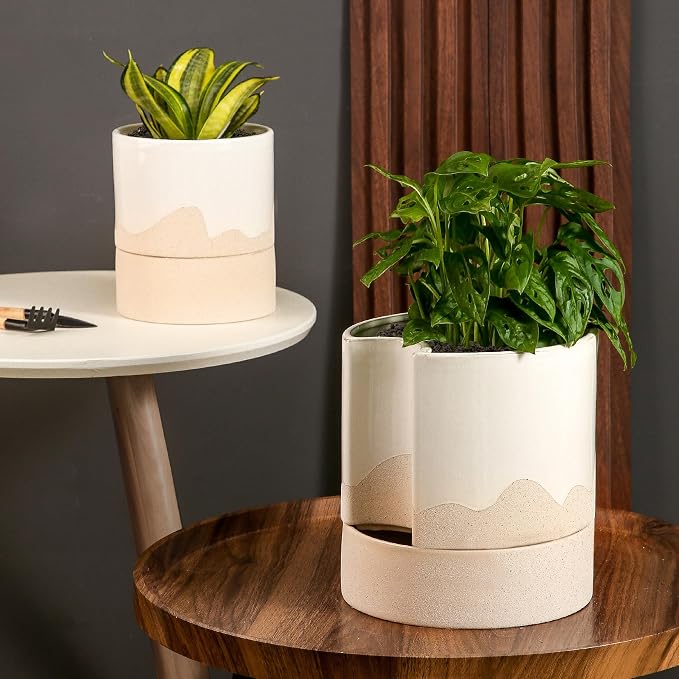 Nihow Ceramic Self Watering Plant Pot for Indoor Plants,8 Inch,White & Wave | Planter with Cotton Wick, Drainage Hole & Water Storage Plus, Cylinder Round Flower Pot, For Succulent/Herbs/Violets