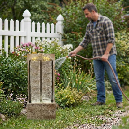 39" Outdoor Water Fountain with Pump, Outdoor Fountain with Warm White LED Lights, Modern Outdoor Cascading Freestanding Fountain, Weather-Resistant Garden Water Feature, Brown