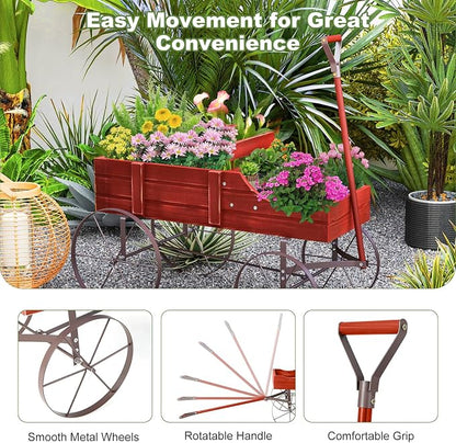 HAPPYGRILL Wooden Wagon Planter, 24.5” x 13.5” x 24” Decorative Garden Planter w/ 2 Planting Sections, Wheels, Handle, Small Decorated Cart, Flower Planter Box for Indoor Outdoor Patio (Red)