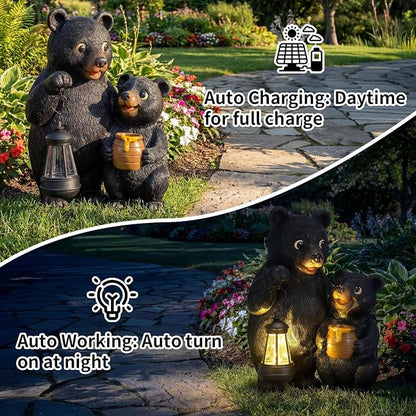 Lavezee Garden Bear Statues 8.9‘’, Mother and Baby Bear Figurines with Solar Lantern for Outdoor Porch Yard Lawn, Unique Bear Gifts for Mom Grandma Women