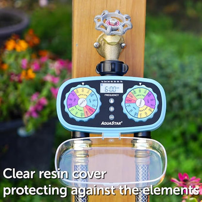 AQUASTAR Two-Zone Hose Watering Timer (Blue), Automatic Irrigation for Lawn, Garden, Yard, Two Outlets