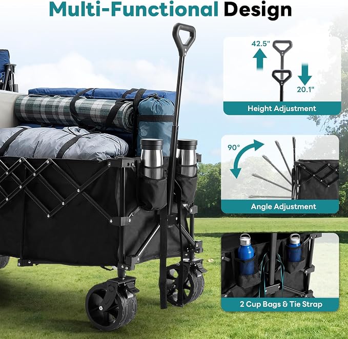 OLIXIS 49" Extra Long Folding Wagon Cart, 440LBS Heavy Duty Collapsible Wagon with Big All-Terrain Wheels, 250L Portable Outdoor Utility Cart for Shopping, Garden, Camping, Grocery, Sports - Black