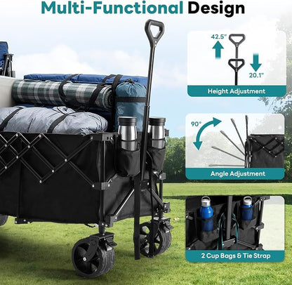 OLIXIS 49" Extra Long Folding Wagon Cart, 440LBS Heavy Duty Collapsible Wagon with Big All-Terrain Wheels, 250L Portable Outdoor Utility Cart for Shopping, Garden, Camping, Grocery, Sports - Black