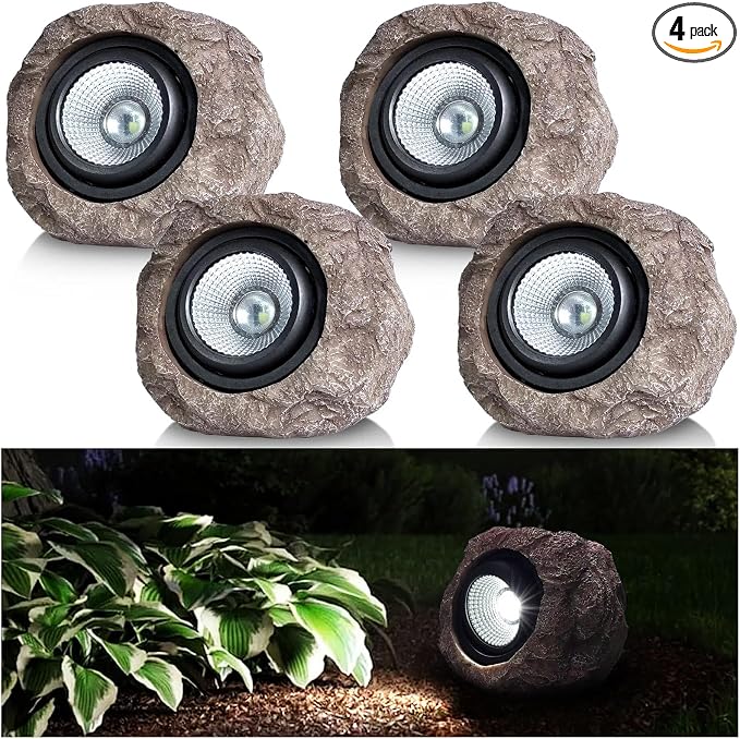 Candieslife Solar Garden Rock Lights Outdoor - IP65 LED Waterproof Solar Spotlight, Solar Powered Landscape Lights Decorative Garden Stone Light for Pathway, Walkway, Yard, Patio (4 Pack)